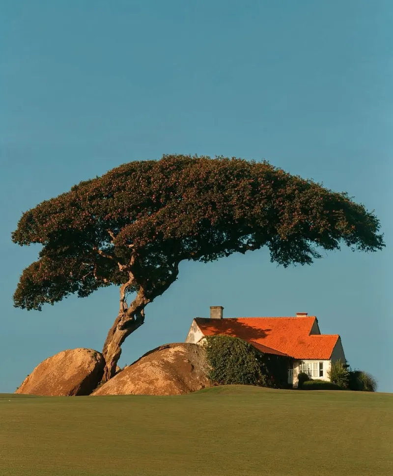 Cottage under umbrella-shaped tree with terracotta roof and boulders