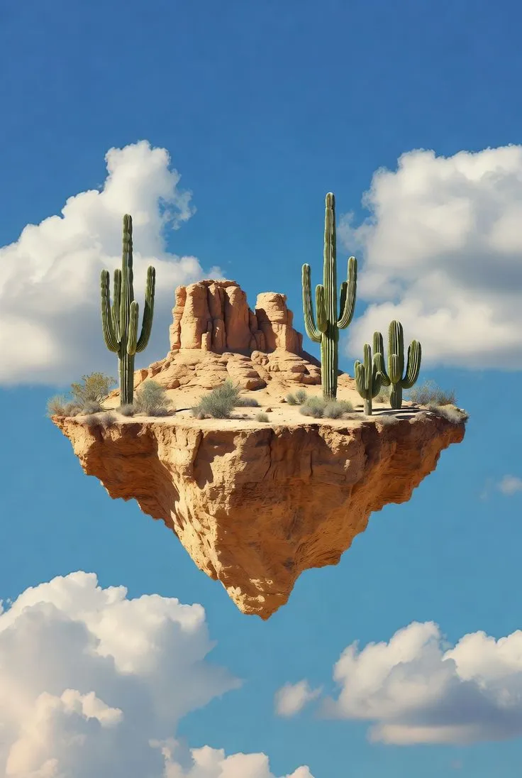 Floating Desert Mesa with Saguaro Cacti — Surreal Photoreal Illustration