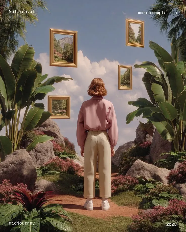 Figure Facing Floating Gilded Frames in Tropical Rock Garden