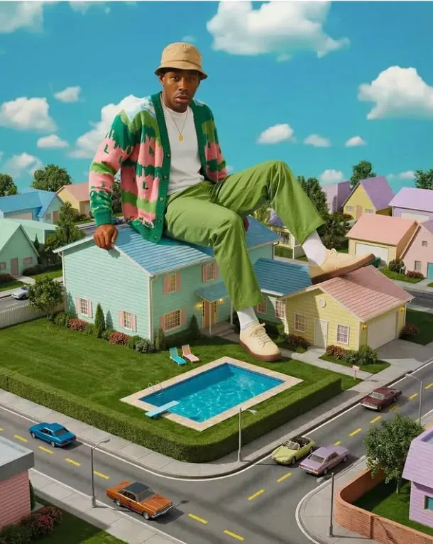 Oversized man seated on miniature pastel suburban diorama
