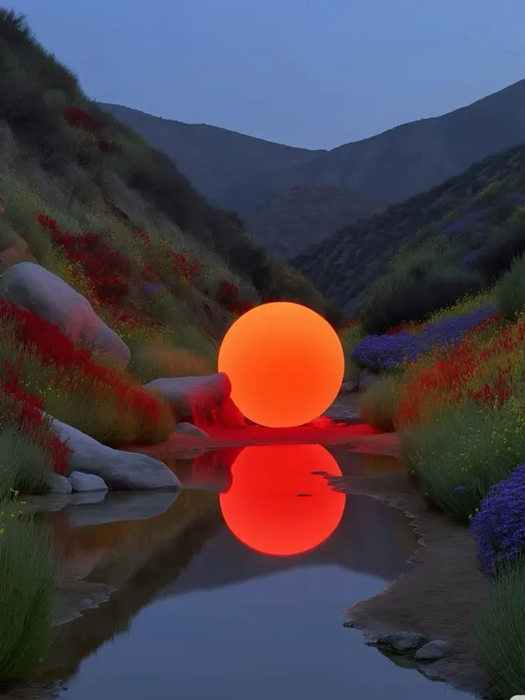 Glowing Orange Orb Reflected in Mountain Stream — Surreal Dusk Landscape