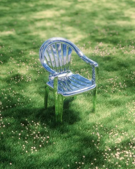 Clear polycarbonate armchair on clover-dotted lawn
