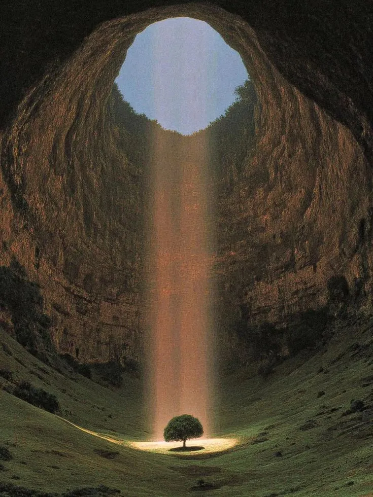 Sunlit Tree in Deep Circular Sinkhole