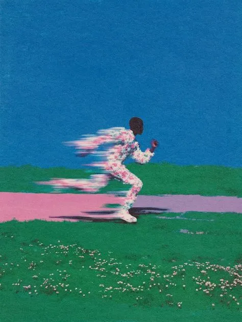 Runner in floral suit with motion-trail over pink path