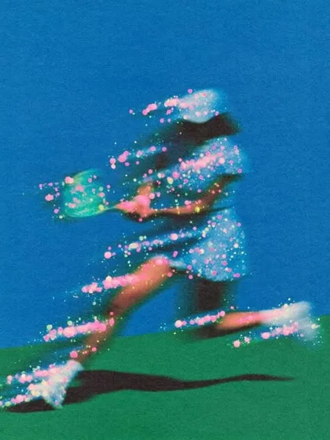 Neon Paint-Splatter Disc Throw — Motion-Blur Athlete on Blue