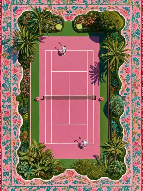Aerial: Pink hardcourt tennis court framed by scalloped floral border and palm trees