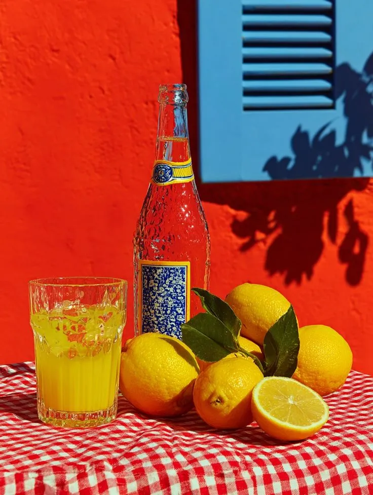 Sunlit lemons and vintage bottle on red gingham table