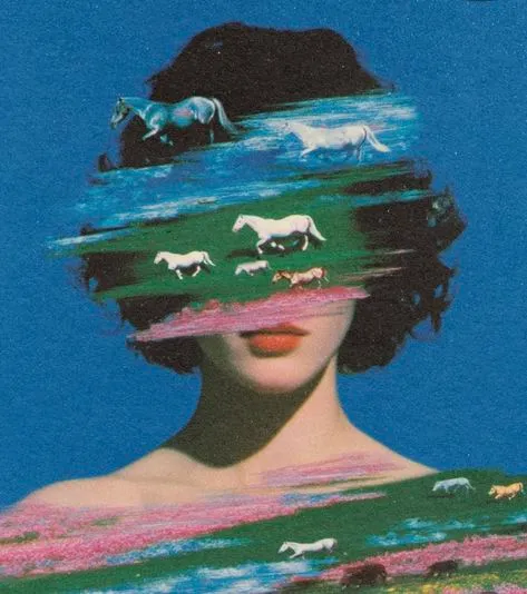 Surreal portrait with horizontal painted bands of running horses