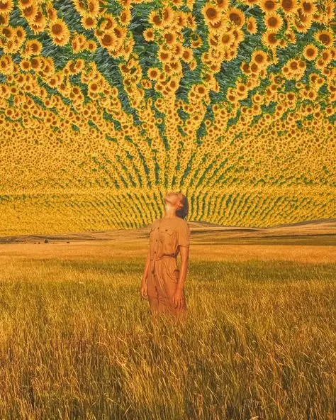 Surreal sunflower canopy over person in golden field