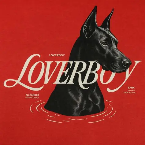 Loverboy poster — black Doberman portrait on red background