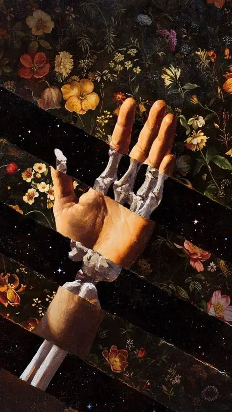 Striped Collage: Fleshed Hand and Skeleton Between Floral Tapestry and Starfield