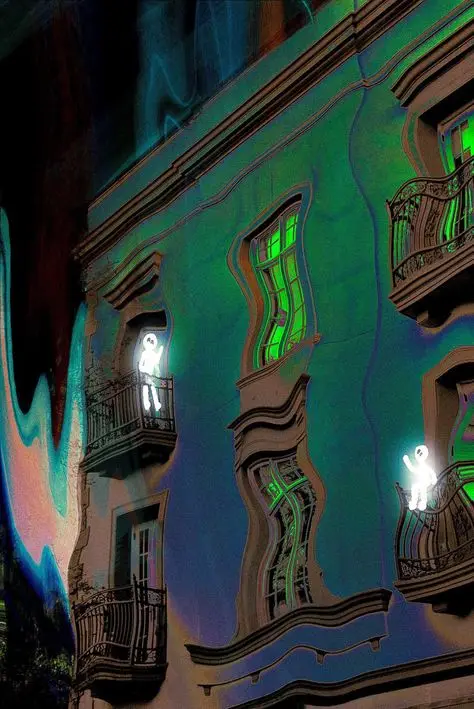 Neon-Green Haunted Façade — Distorted Balcony Ghosts