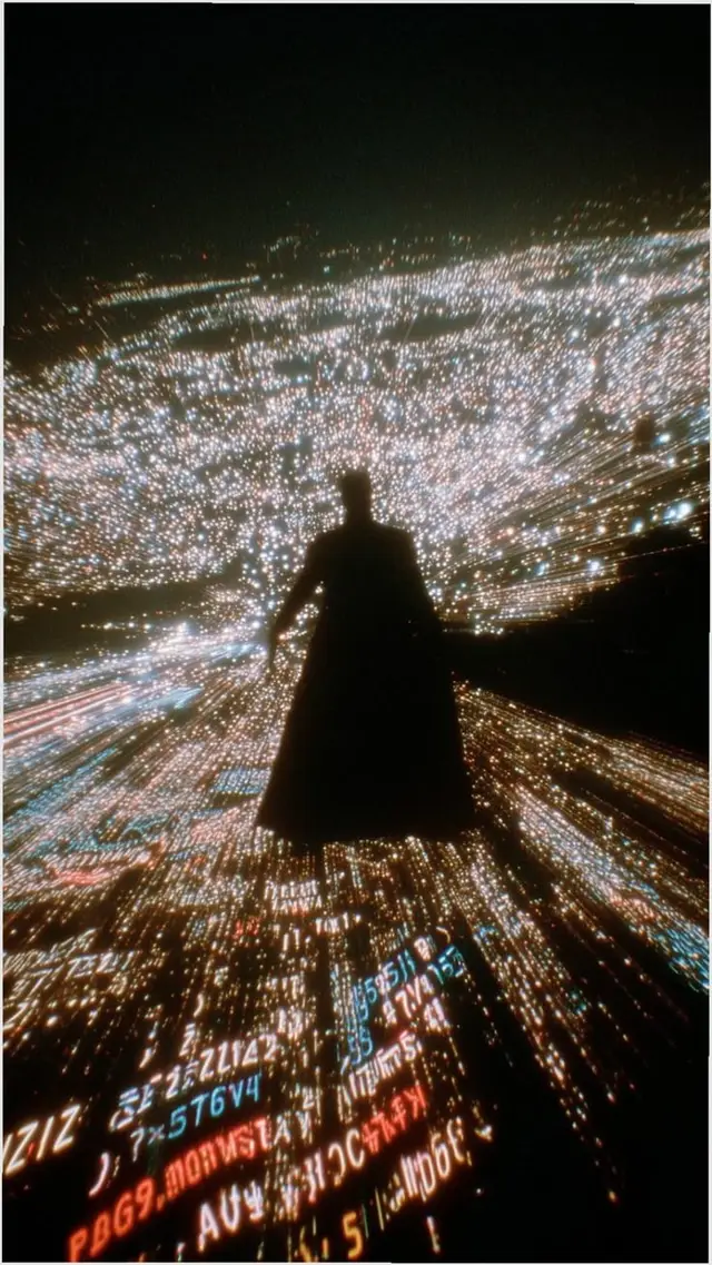 Cape‑clad Silhouette Hovering Above Neon City with Code Overlay