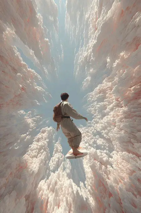 Figure on a hoverboard gliding down a vertical cloud canyon — pastel dreamscape