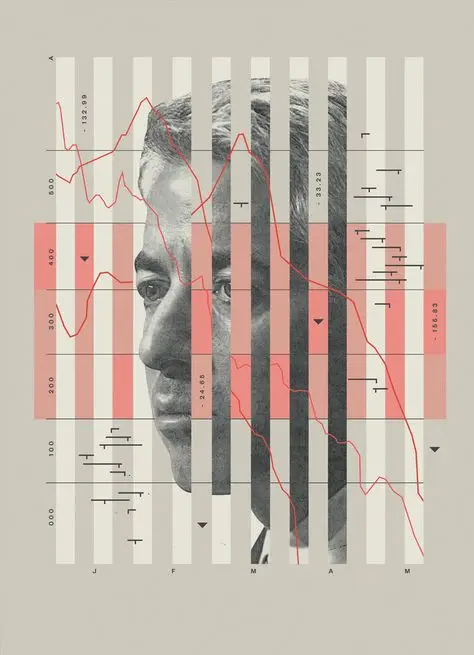 Grayscale portrait sliced by vertical bars with red line-chart overlay