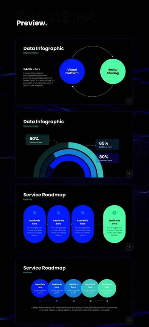 Dark neon presentation preview — Data Infographic & Service Roadmap slides
