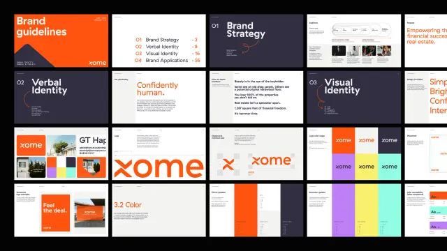 Xome brand guidelines — multi-page identity spread