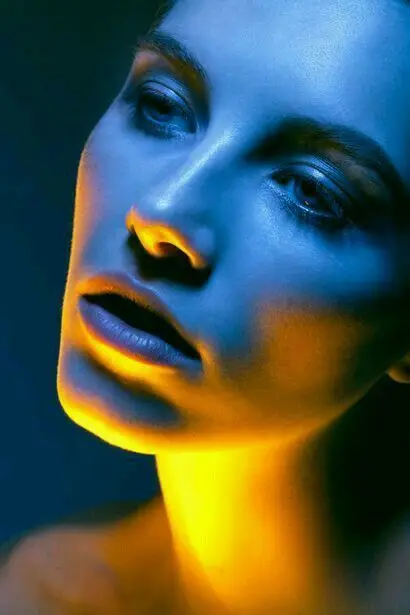 Blue-and-Yellow Gel-Lit Beauty Portrait — Close-Up Editorial