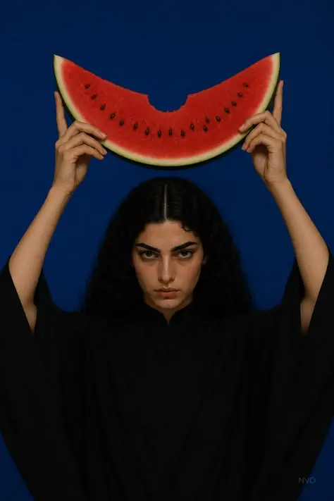 Studio portrait: woman holds crescent watermelon slice above head