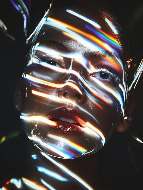 Studio Beauty Portrait with Prism Refraction Stripes