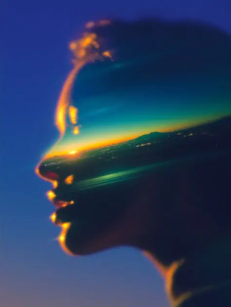 Double-exposure profile with coastal sunset and city lights