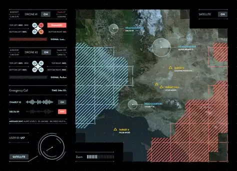 Dark Satellite Command UI — Drone Controls and Hatched Red/Blue Zones