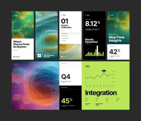 Modular data-dashboard moodboard with neon lime panels and ribbed wave gradients