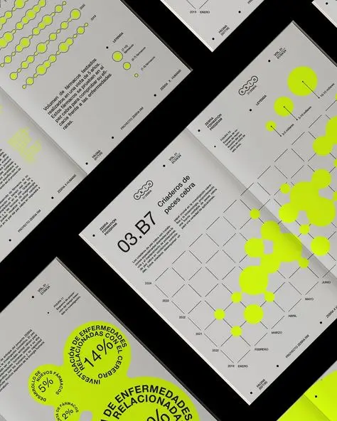 Neon-yellow network infographic brochure (Spanish editorial spread)
