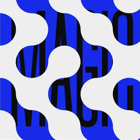 Cobalt blue poster with white organic cutouts revealing bold black type