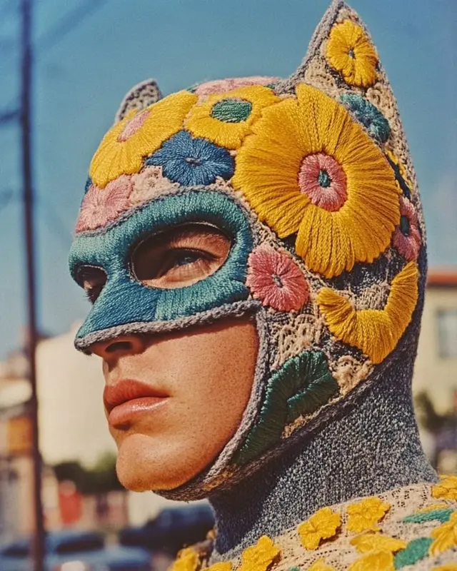 Vintage Embroidered Cat‑Eared Knit Mask — Floral Yarn Appliqué