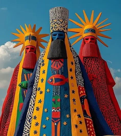 Three Painted Wooden Totems with Sunburst Headdresses and Fish Motifs
