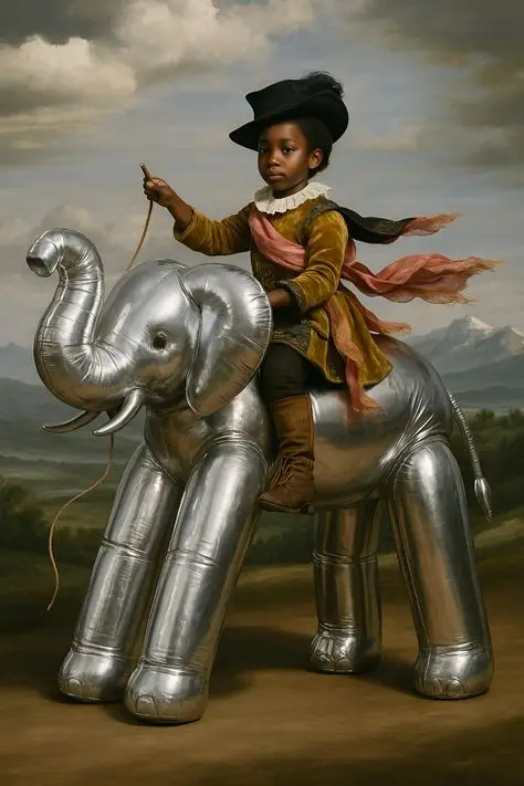 Baroque-style Portrait of Child Riding Silver Inflatable Elephant