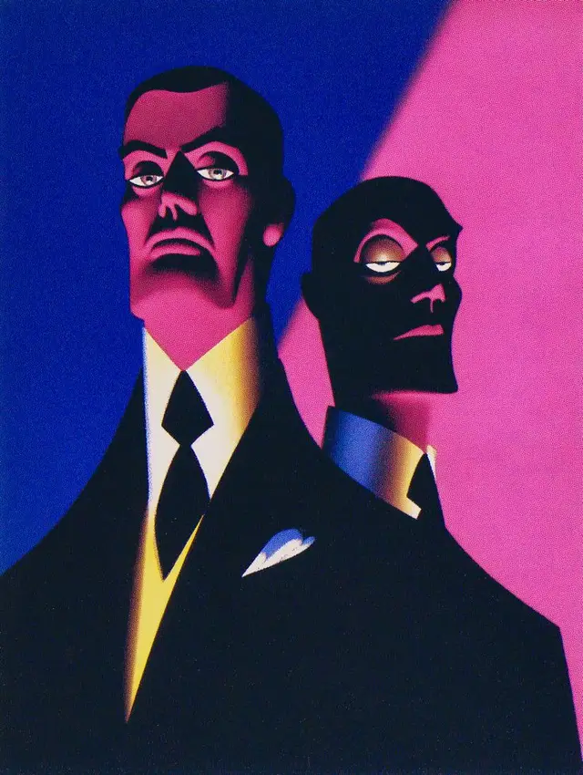 Art‑Deco Duo in Neon Pink and Cobalt — Stylized Poster Portrait