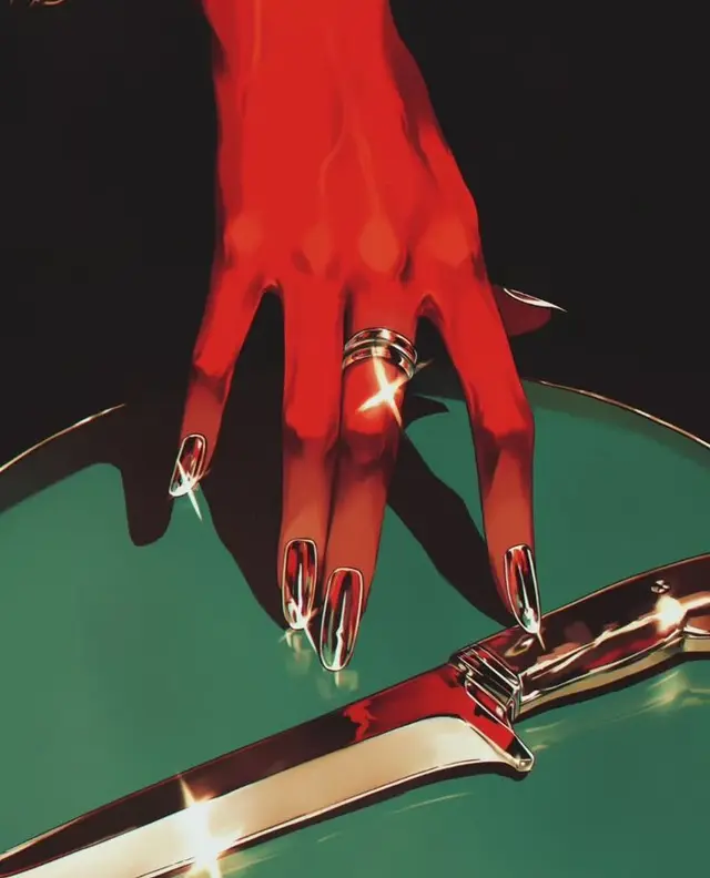 Red-lit Hand with Chrome Stiletto Nails, Gold Ring and Polished Knife on Teal Tray