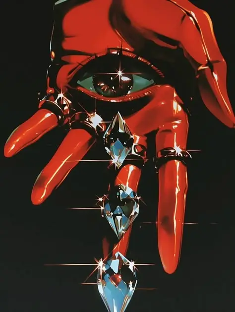 Glossy red hand with eye in palm and falling crystal pendants — surreal illustration