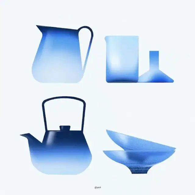 Blue gradient tableware silhouettes — pitcher, jar, teapot, stacked bowls (2×2 grid)