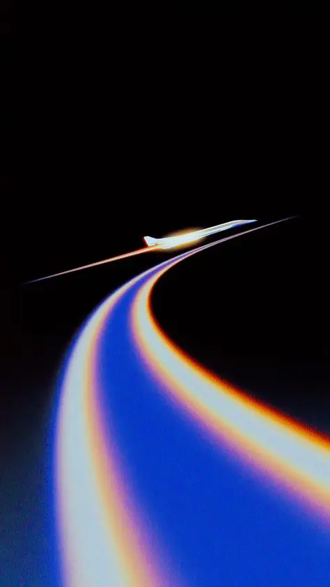 Neon Contrail Jet — Curved Blue & Orange Light Trails on Black