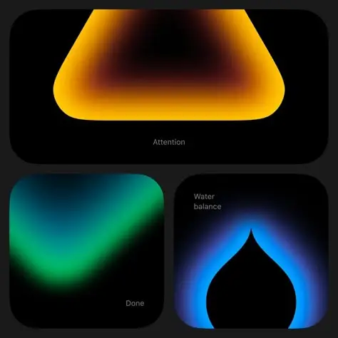 Dark minimal UI cards with glowing gradient status indicators