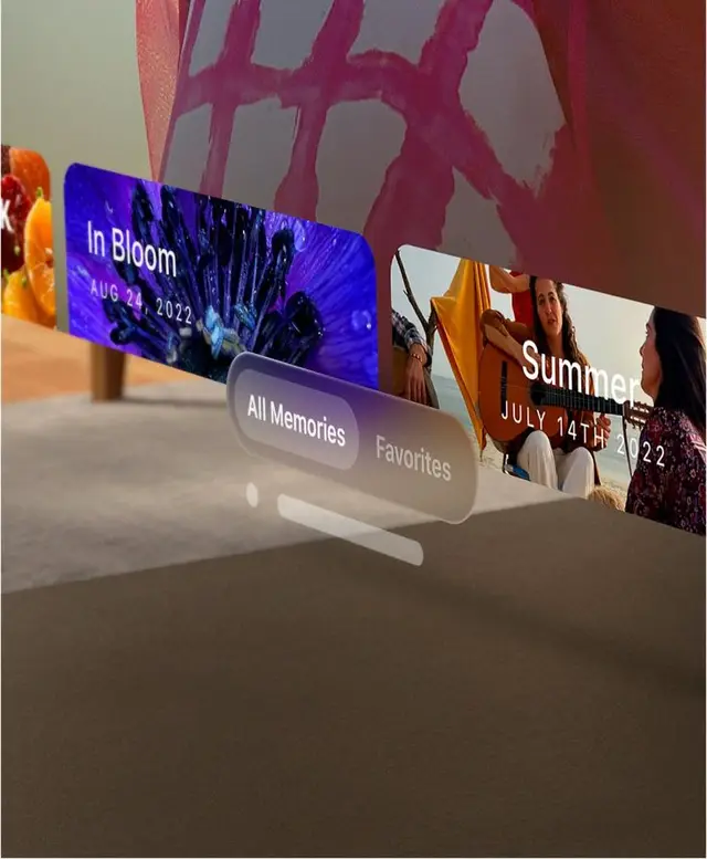 Augmented reality photo carousel with 'In Bloom' and 'Summer' memory cards