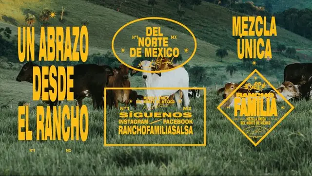 Rancho Familia salsa promo — cows in Mexican pasture with bold yellow typography