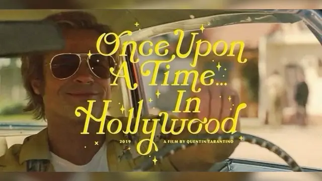 Once Upon a Time... In Hollywood — yellow script title over sunlit convertible still