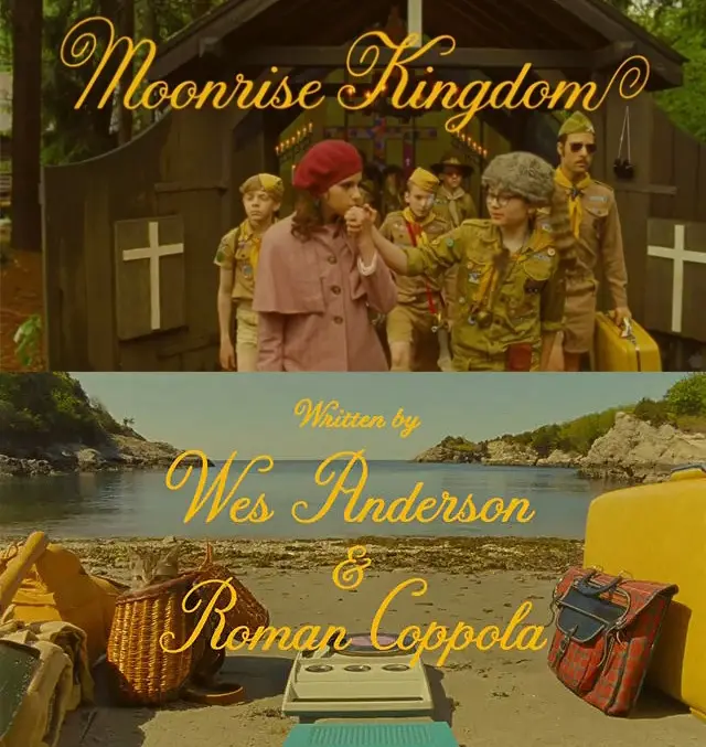 Moonrise Kingdom — title card still (scouts and seaside picnic)