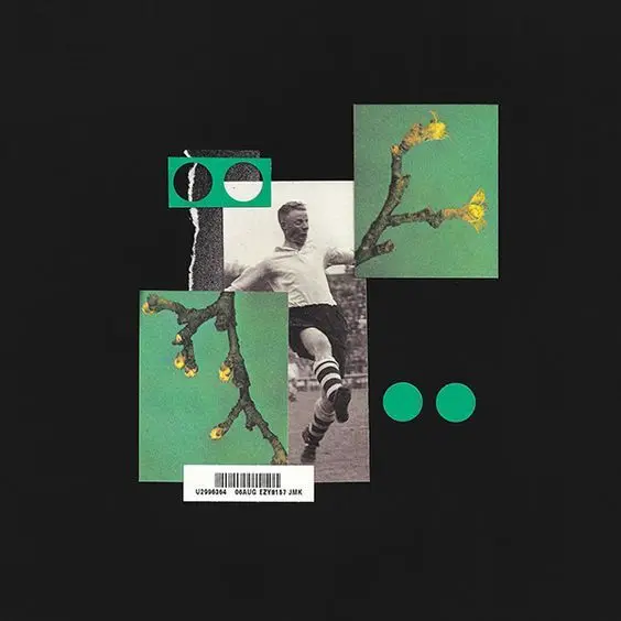 Vintage soccer photograph collage with teal botanical panels