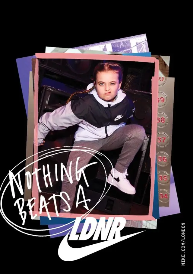 Nike LDNR collage poster — youth in black-and-white windbreaker with 'Nothing Beats A'