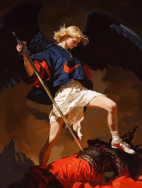 Baroque Angel in Nike Hoodie Standing Over Fallen Armored Figure