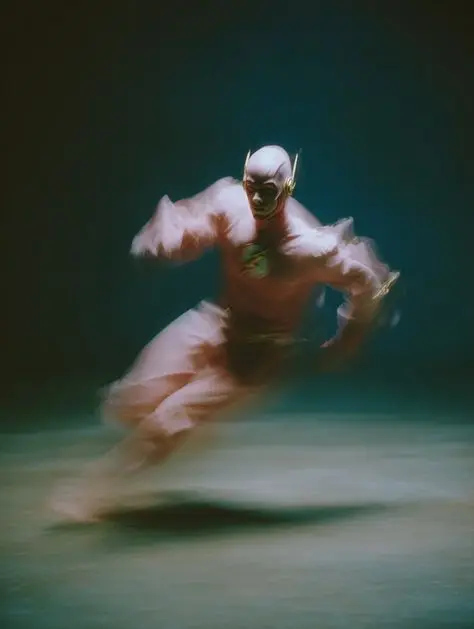 Blurred masked speedster in red costume — motion-blur studio photo