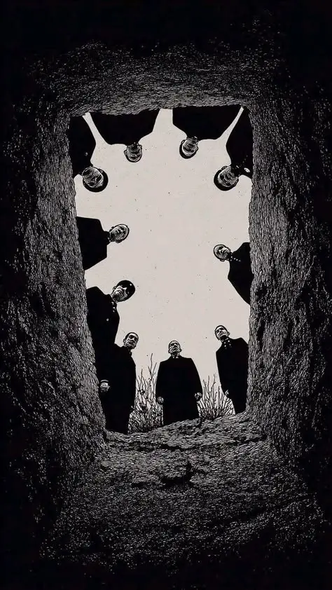 Looking up from a rectangular pit — black-and-white ink illustration of men in coats