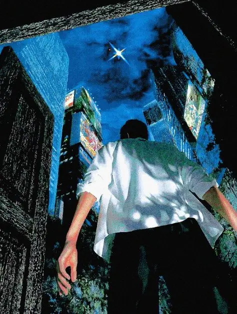 Low-angle night shot: person in white shirt looking up at neon-lit skyscrapers in a narrow