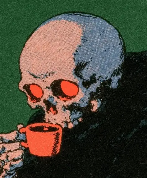 Skull Sipping from Orange Mug — Screen‑Print Style Illustration