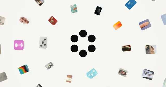 Cosmos hero — central seven-dot loader with scattered rounded thumbnails